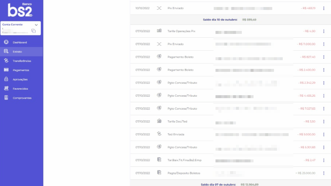 Passo a passo de consulta no extrato bancário BS2 online.