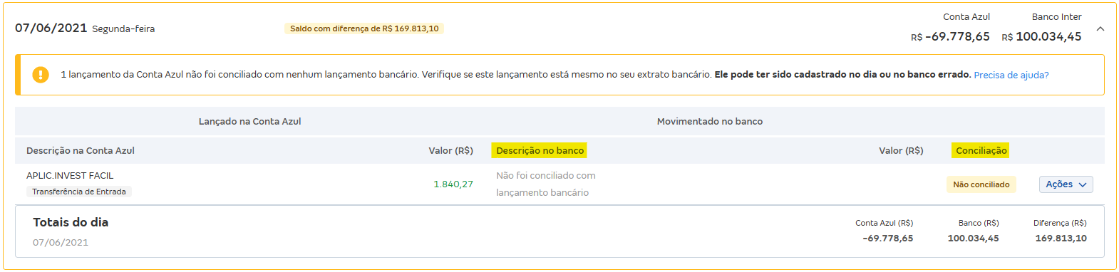 Tela de Movimentações com destaque para os campos Descrição do banco e conciliação.