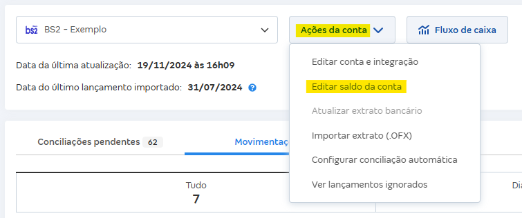 Tela de Movimentações com destaque para o botão Ações da conta e Editar saldo da conta.