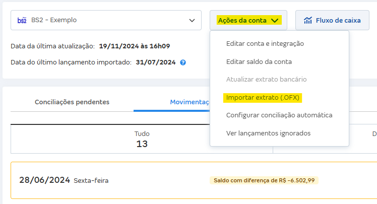 Tela de Movimentações com destaque para o botão Ações da conta e Importar extrato (OFX).