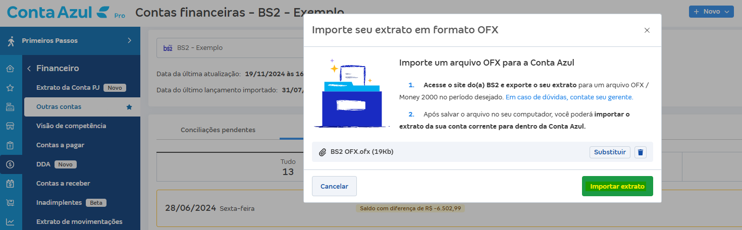 Tela de Importar extrato (OFX) com destaque para o botão Importar extrato.