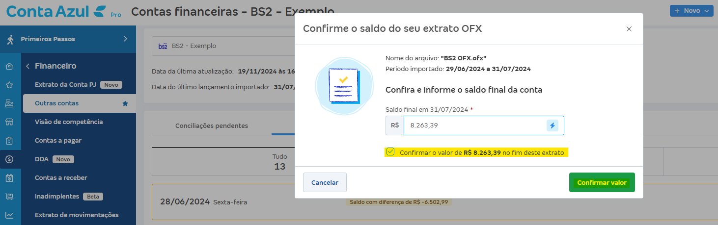 Tela de Importar extrato (OFX) com destaque para o botão Confirmar valor e mensagem Confirmar o valor de.