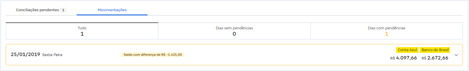 Tela de Movimentações com destaque para os saldos das colunas Banco e Conta Azul.