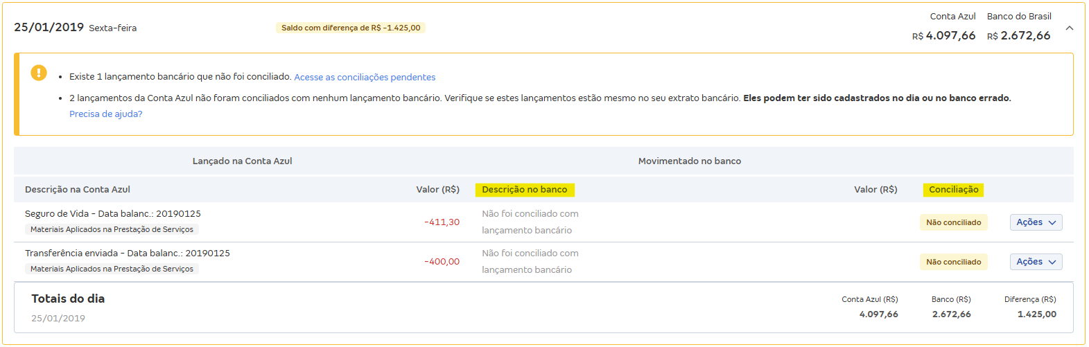 Tela de Movimentações com destaque para os campos Descrição do banco e conciliação.