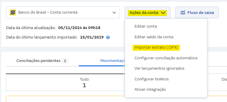 Tela de Movimentações com destaque para o botão Ações da conta e Importar extrato (OFX).