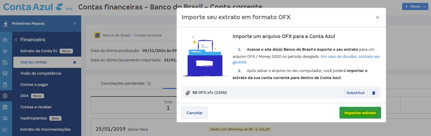 Tela de Importar extrato (OFX) com destaque para o botão Importar extrato.