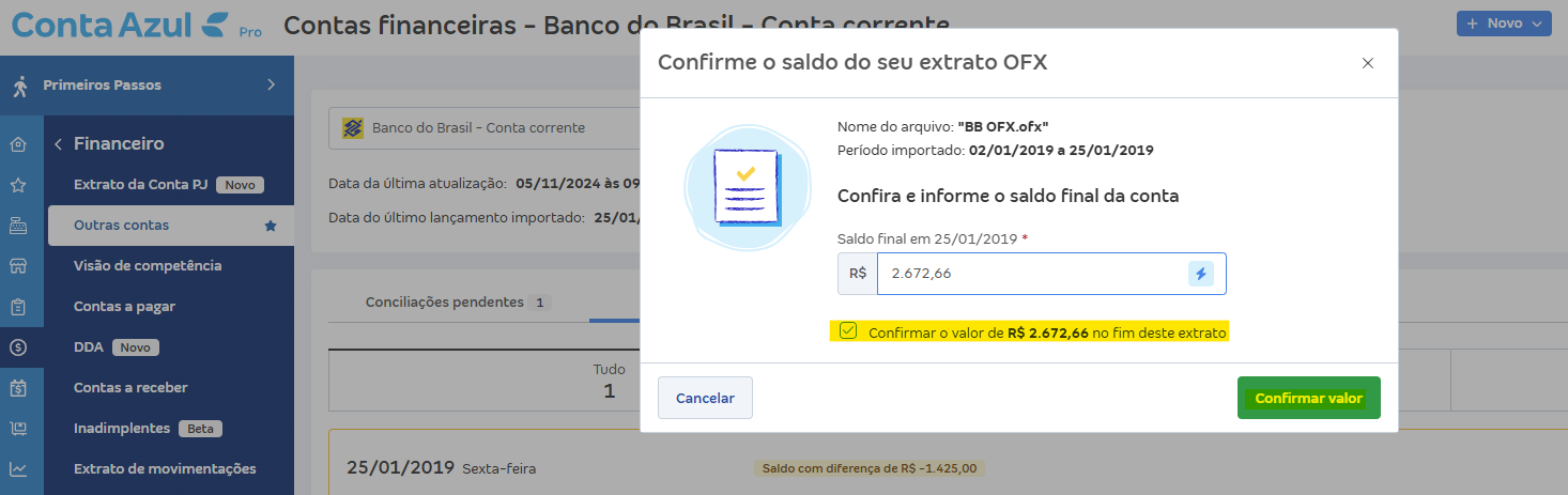 Tela de Importar extrato (OFX) com destaque para o botão Confirmar valor e mensagem Confirmar o valor de.
