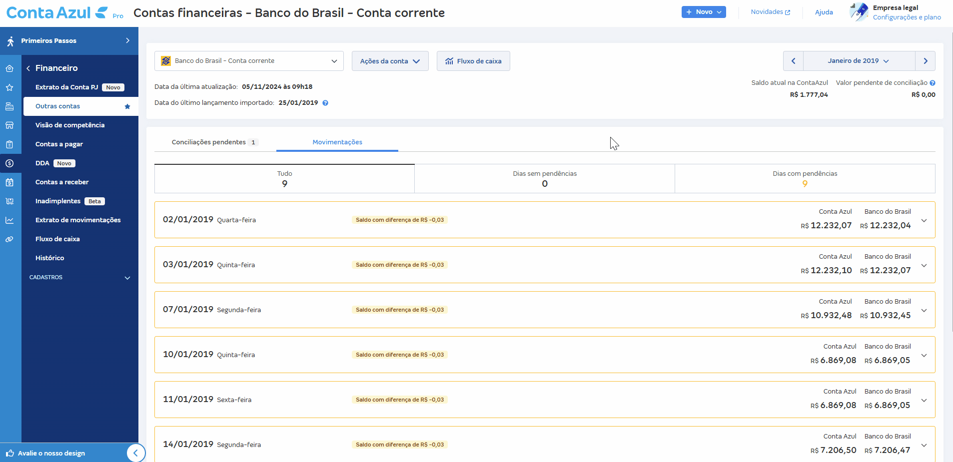 Passo a passo de correção de saldo pelo atalho da tela de Movimentações.