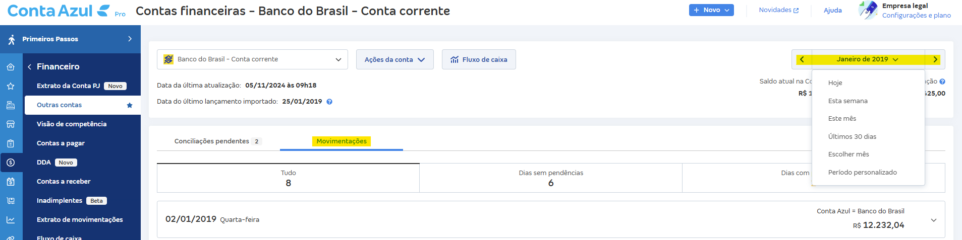Tela de Movimentações com destaque para o campo Período personalizado.