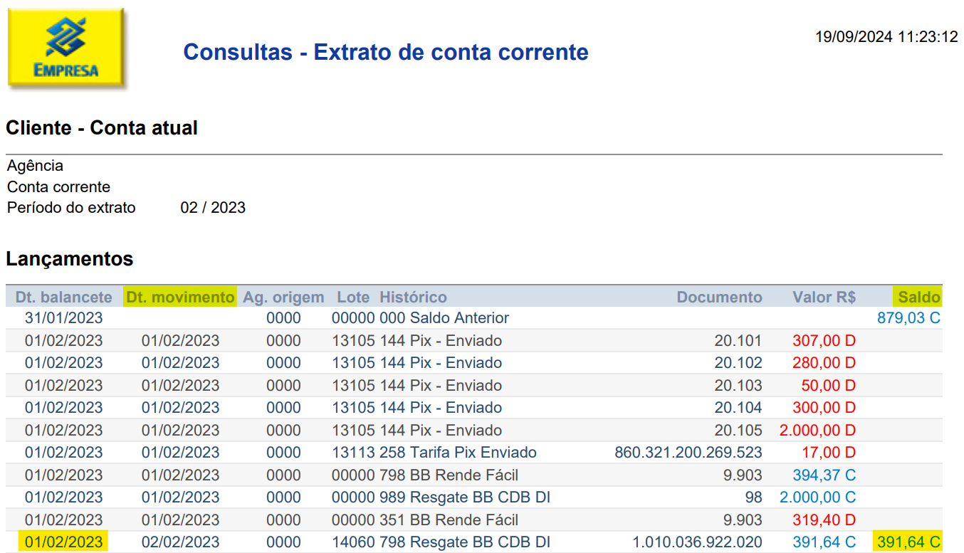 Imagem do extrato bancário Banco do Brasil em PDF com destaque para os campos Dt. movimento e Saldo.