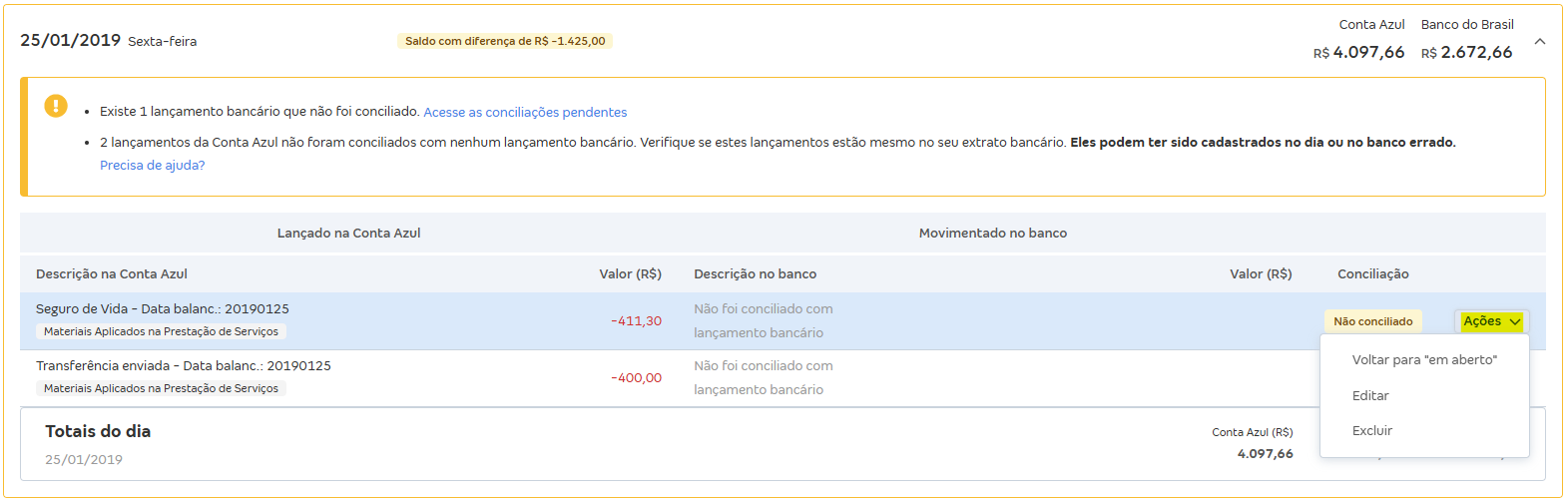 Tela de Movimentações com destaque para o botão Ações.