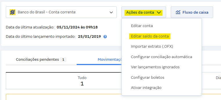Tela de Movimentações com destaque para o botão Ações da conta e Editar saldo da conta.