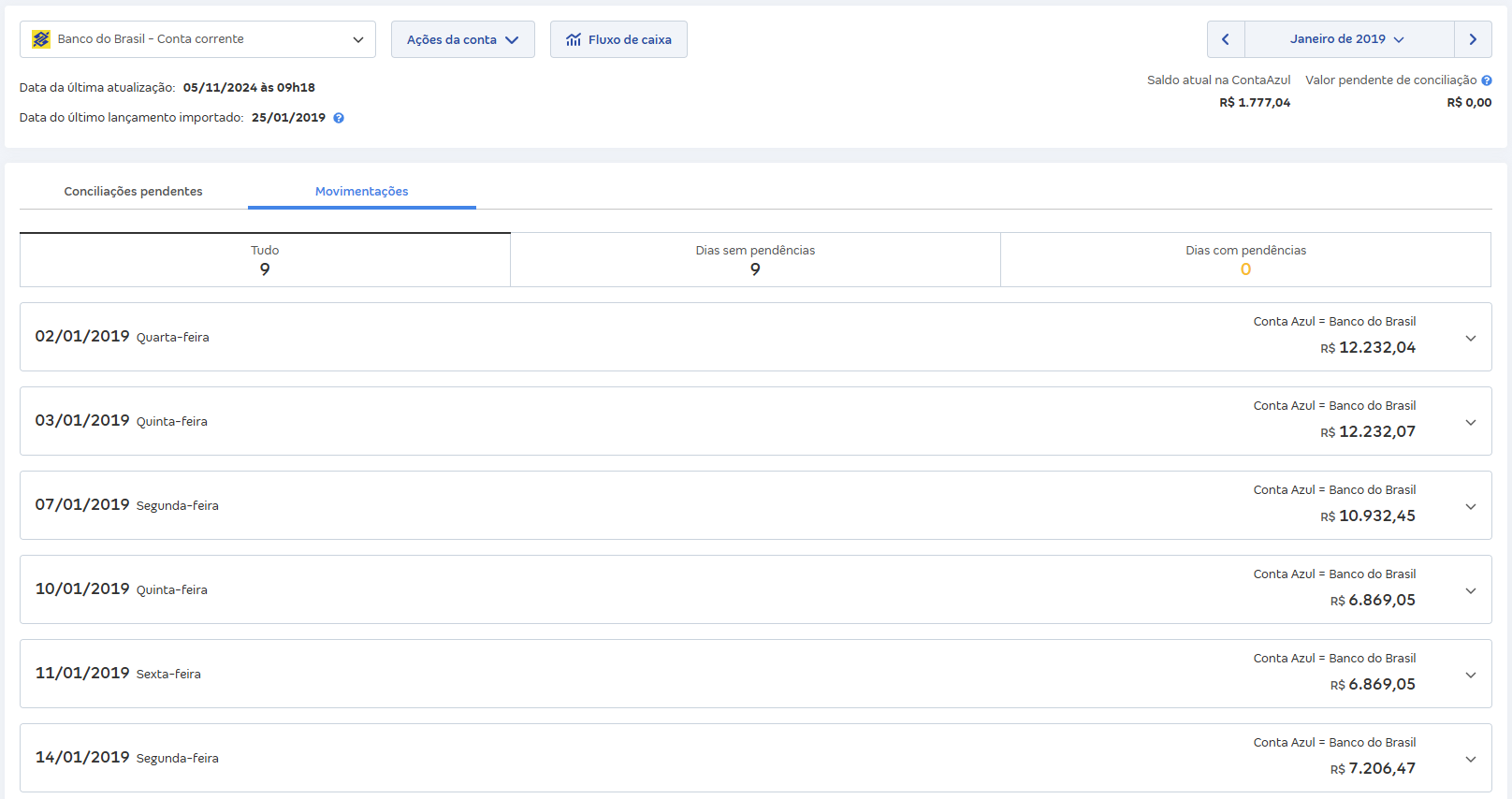 Tela de Movimentações com o saldo de todos os dias batendo.