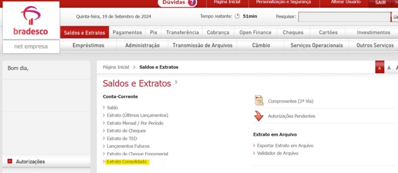 Tela do internet banking do Bradesco com destaque para o atalho Extrato consolidado.