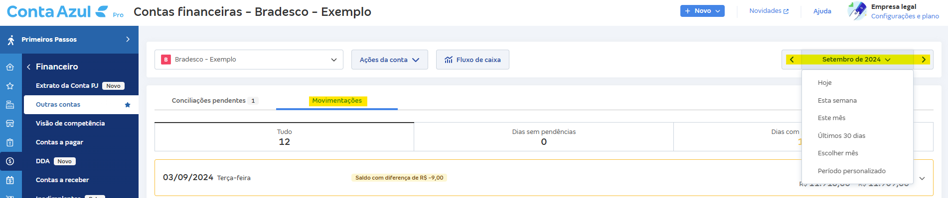 Tela de Movimentações com destaque para o campo Período personalizado.