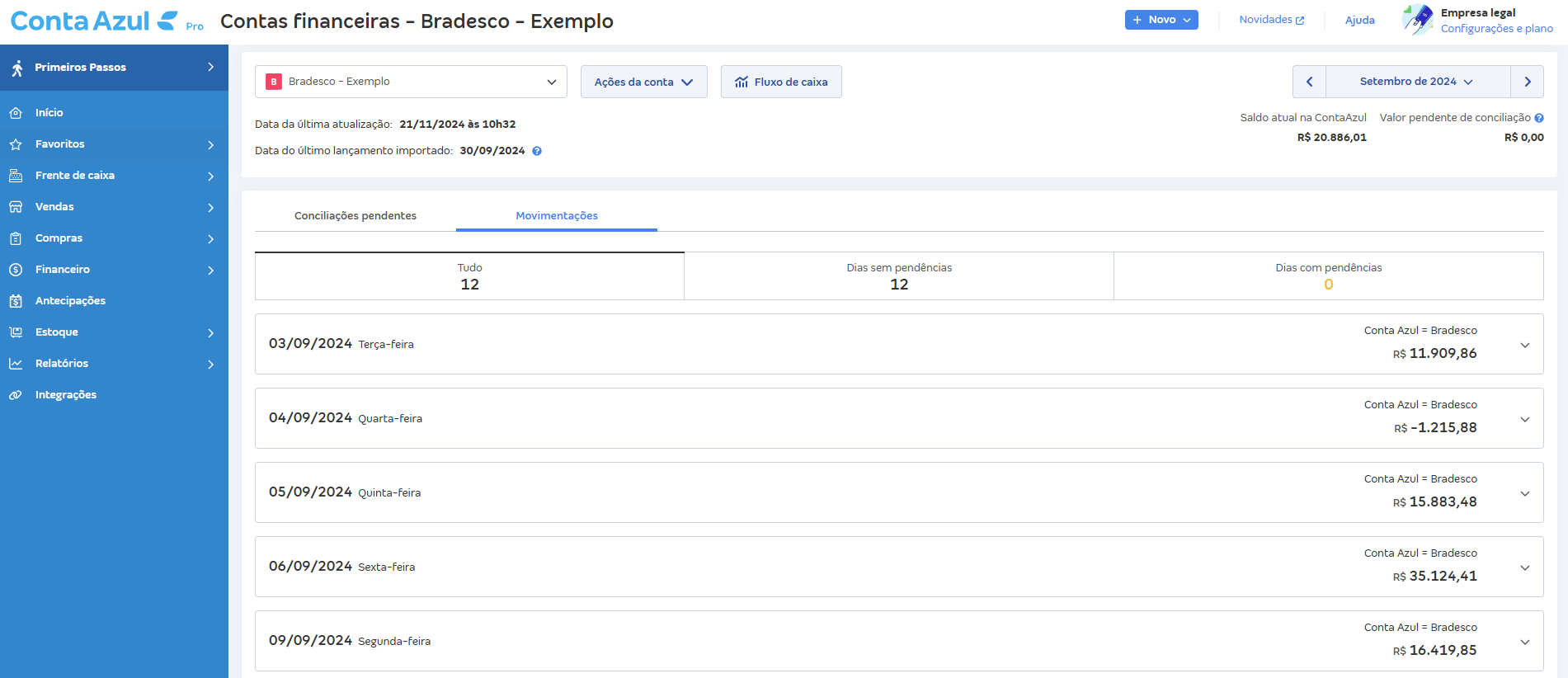 Tela de Movimentações com o saldo de todos os dias batendo.