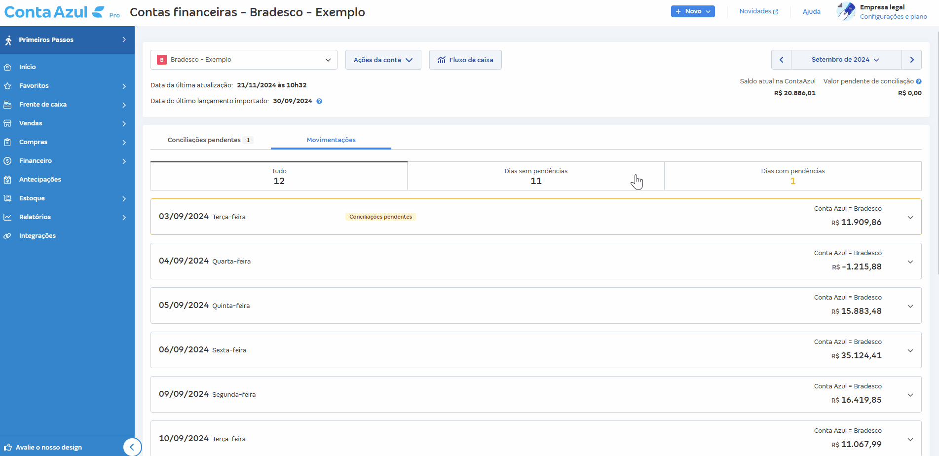 Passo a passo de correção de saldo pelo atalho da tela de Movimentações.