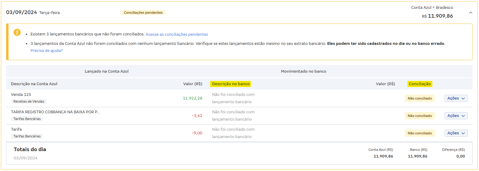 Tela de Movimentações com destaque para os campos Descrição do banco e conciliação.