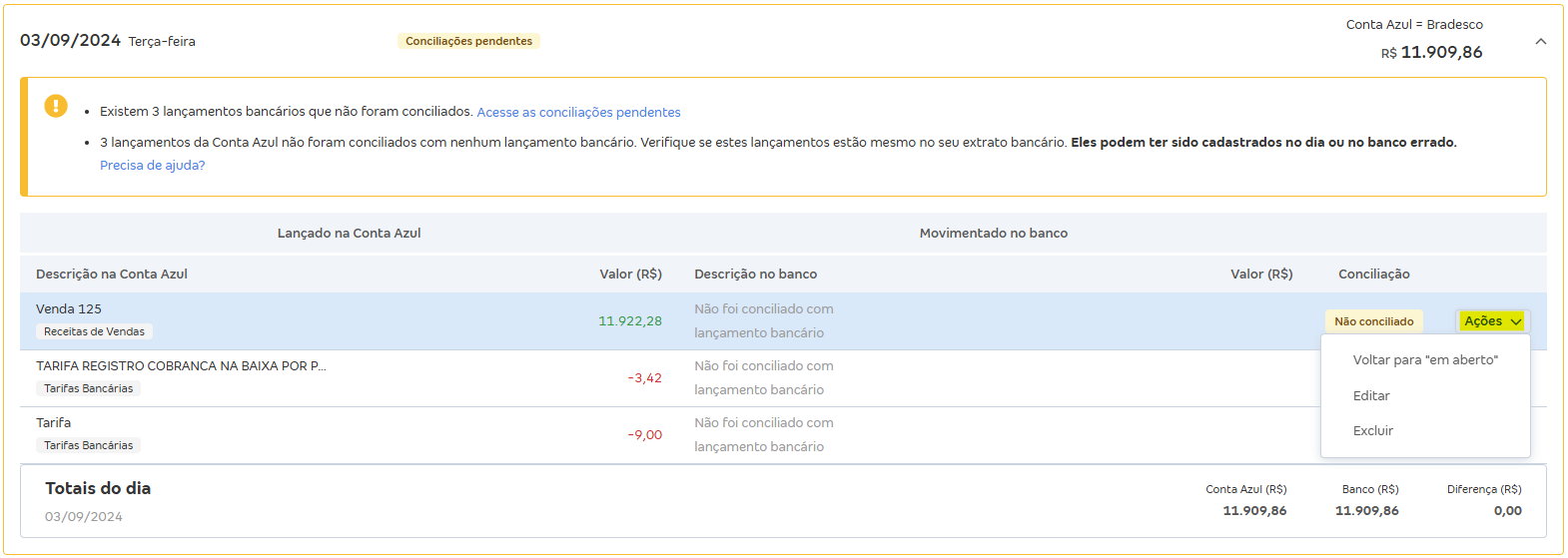 Tela de Movimentações com destaque para o botão Ações.