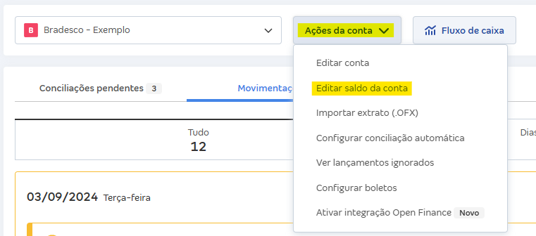 Tela de Movimentações com destaque para o botão Ações da conta e Editar saldo da conta.