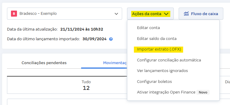 Tela de Movimentações com destaque para o botão Ações da conta e Importar extrato (OFX).