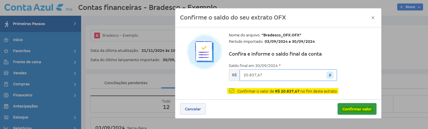 Tela de Importar extrato (OFX) com destaque para o botão Confirmar valor e mensagem Confirmar o valor de.