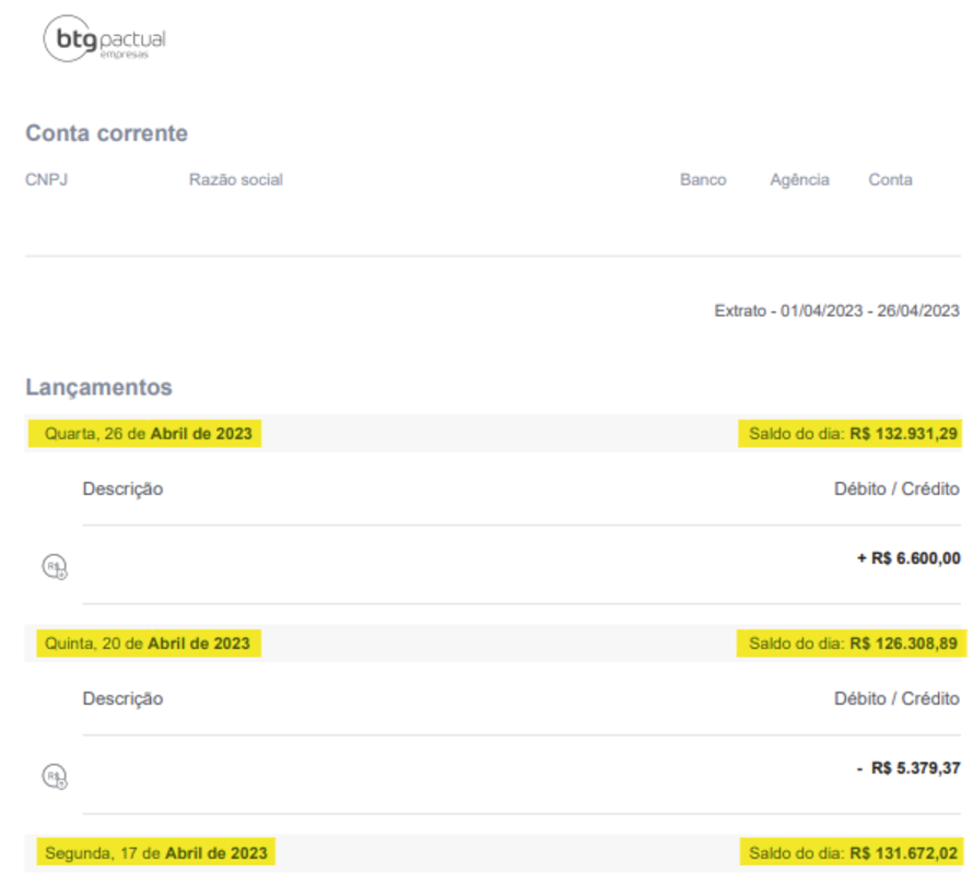 Imagem do extrato bancário BTG Pactual em PDF com destaque para campos Data e Saldo do dia.