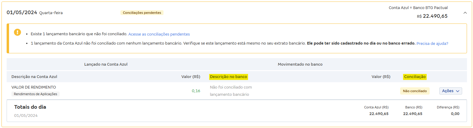Tela de Movimentações com destaque para os campos Descrição do banco e conciliação.