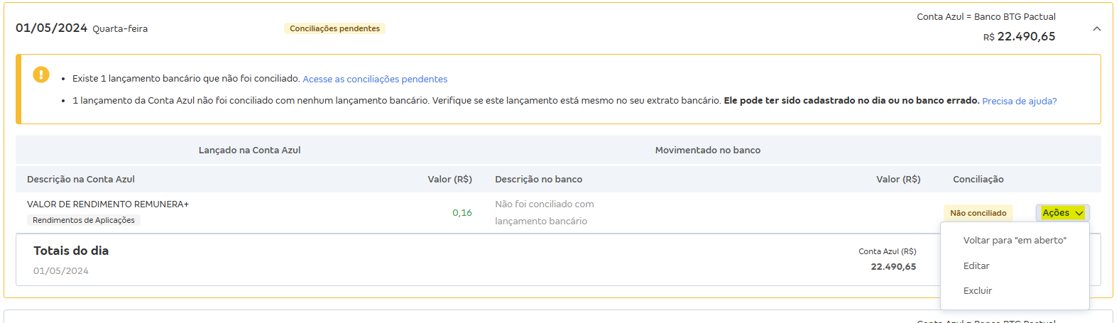 Tela de Movimentações com destaque para o botão Ações.