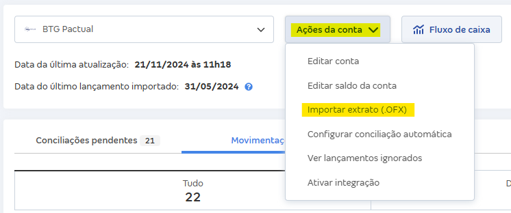 Tela de Movimentações com destaque para Importar extrato (OFX).
