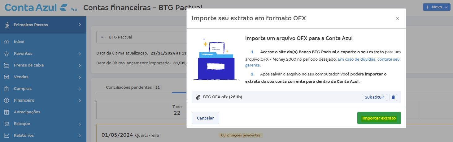 Tela de Importar extrato (OFX) com destaque para o botão Importar.