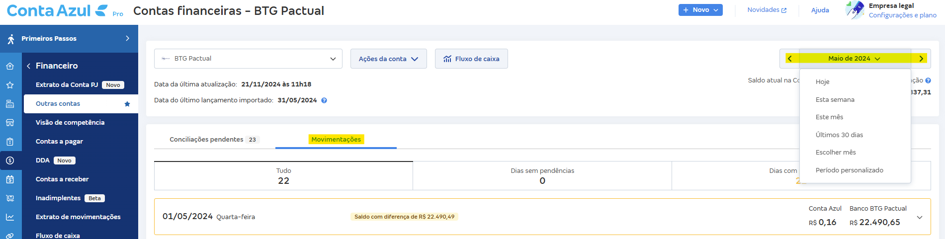 Tela de Movimentações com destaque para o campo Período personalizado.