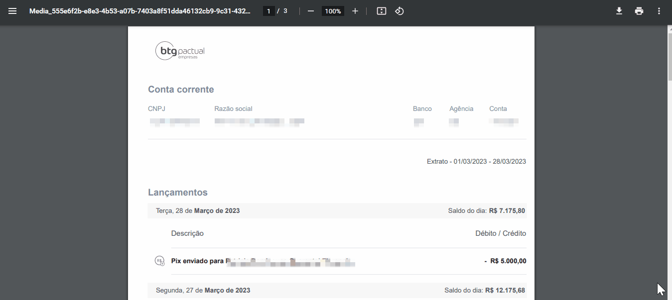 Passo a passo de consulta no extrato bancário BTG Pactual em PDF.