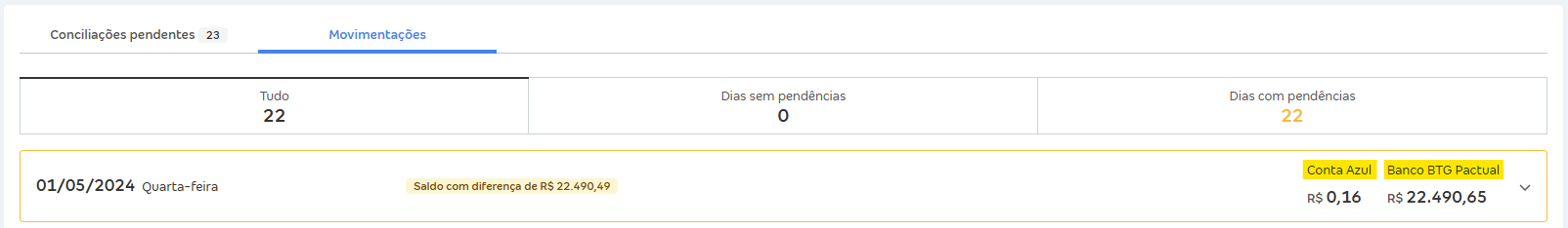 Tela de Movimentações com destaque para os saldos das colunas Banco e Conta Azul.