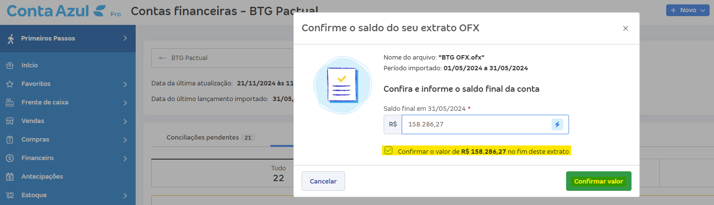 Tela de Importar extrato (OFX) com destaque para Confirmar valor.