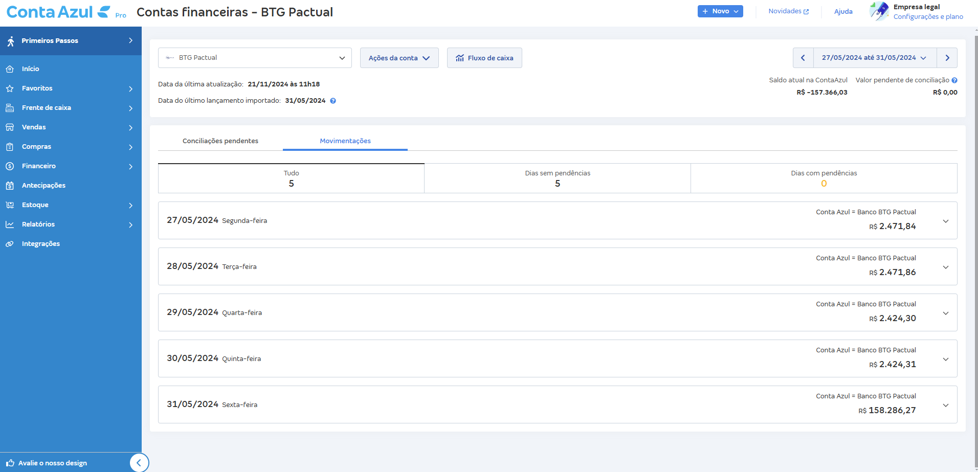 Tela de Movimentações com o saldo de todos os dias batendo.