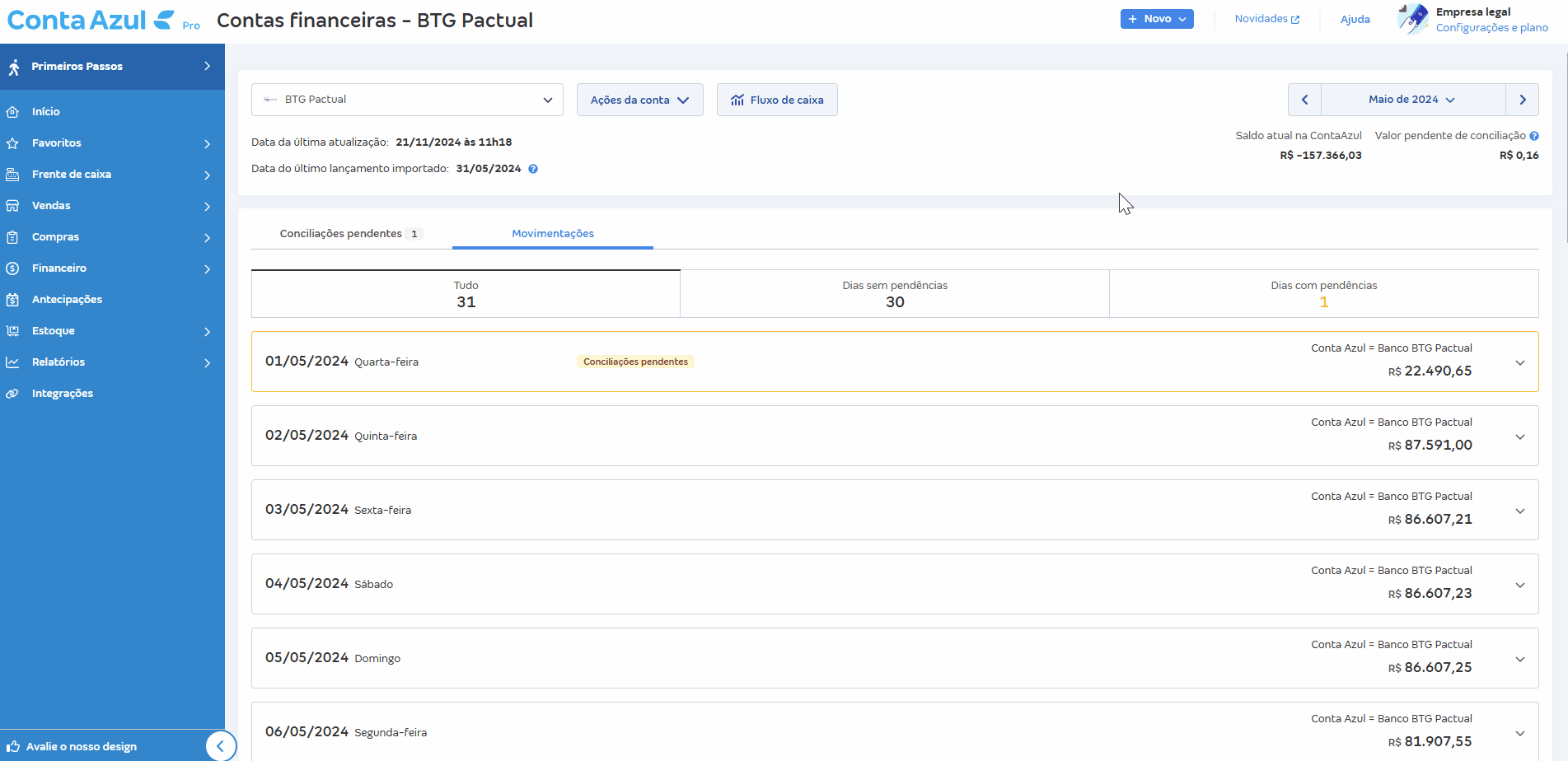 Passo a passo de correção de saldo pelo atalho da tela de Movimentações.
