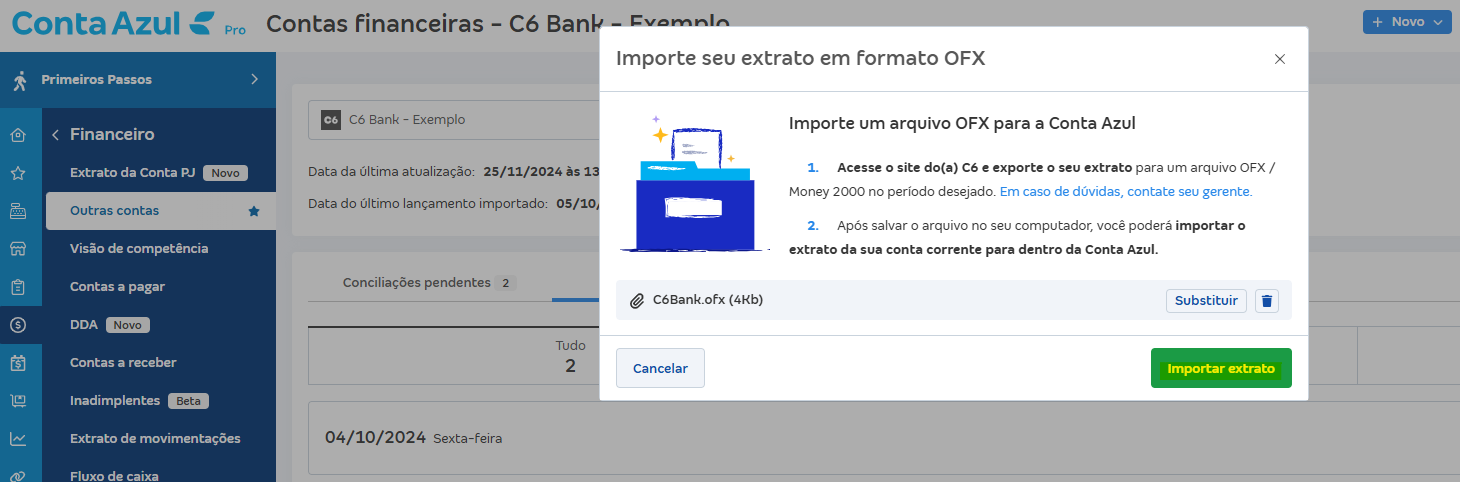 Tela de Importar extrato (OFX) com destaque para o botão Importar extrato.