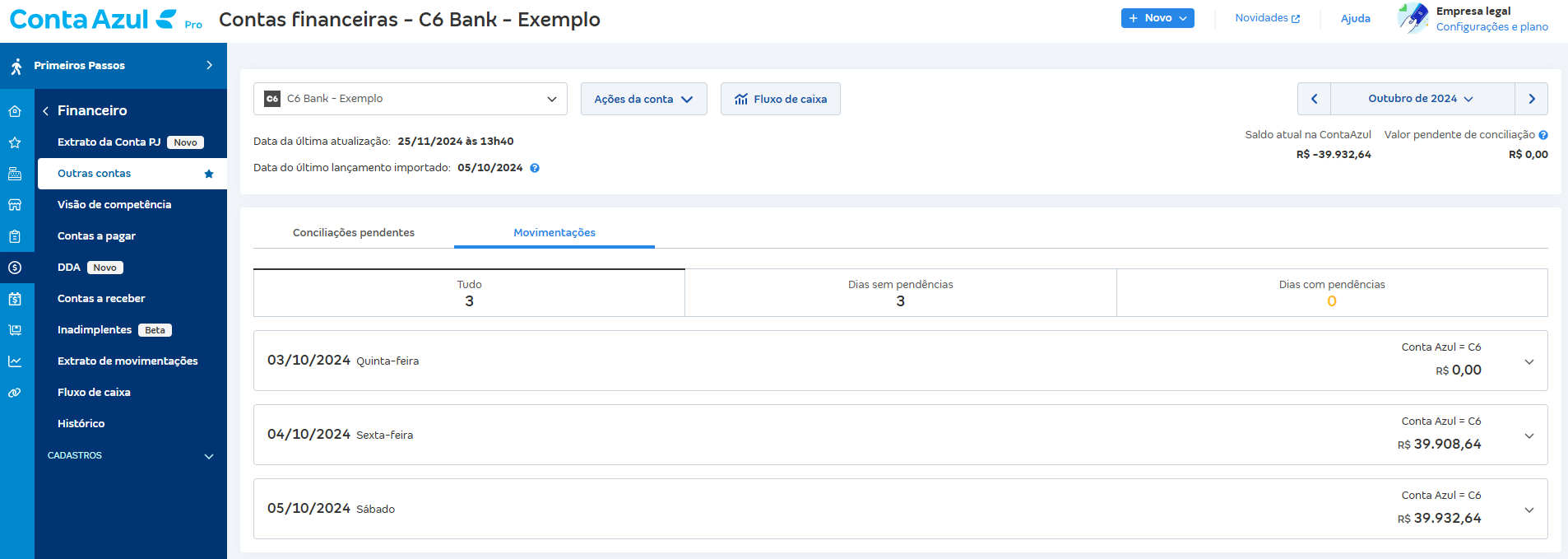 Tela de Movimentações com o saldo de todos os dias batendo.