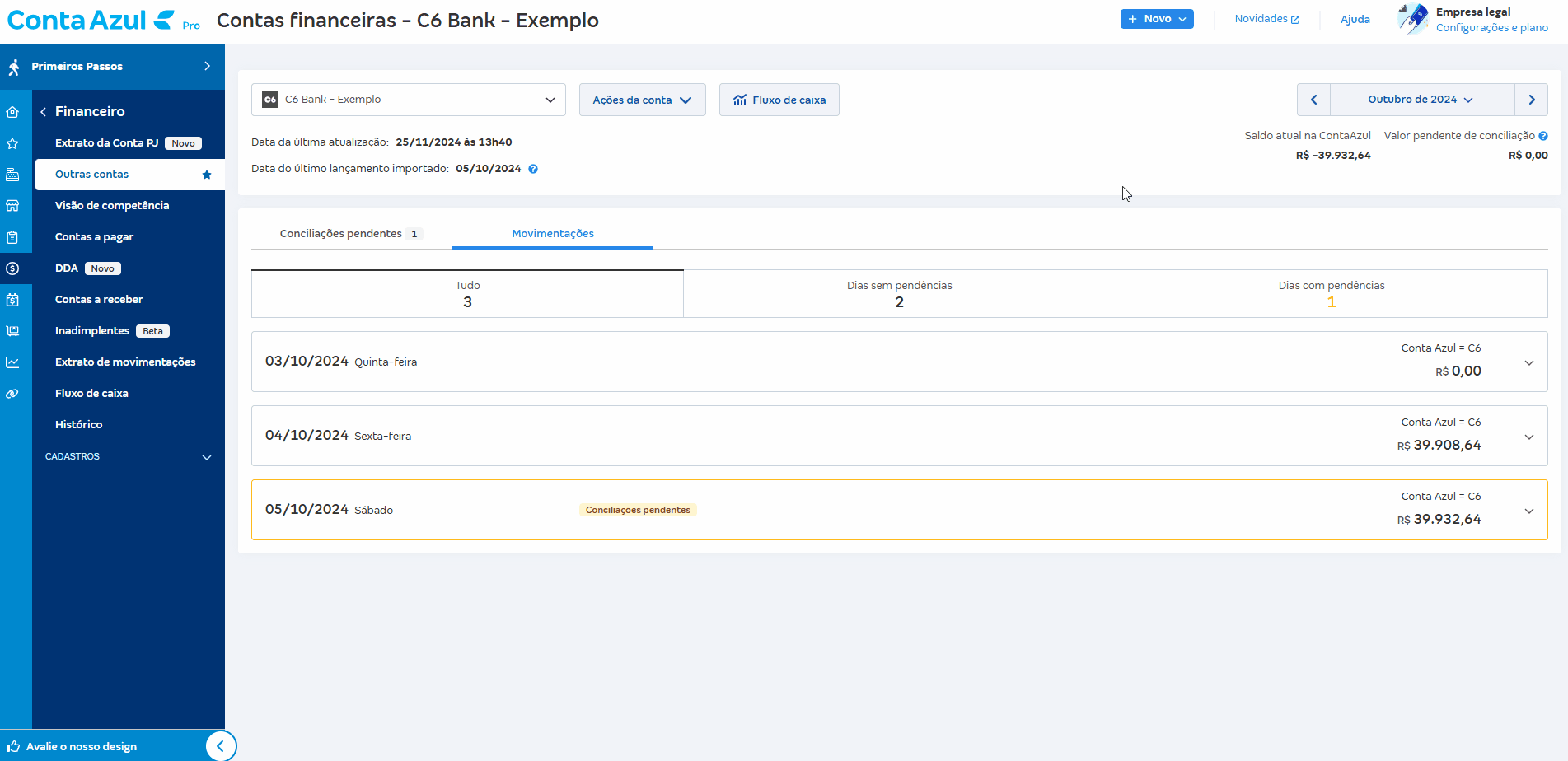 Passo a passo de correção de saldo pelo atalho da tela de Movimentações.