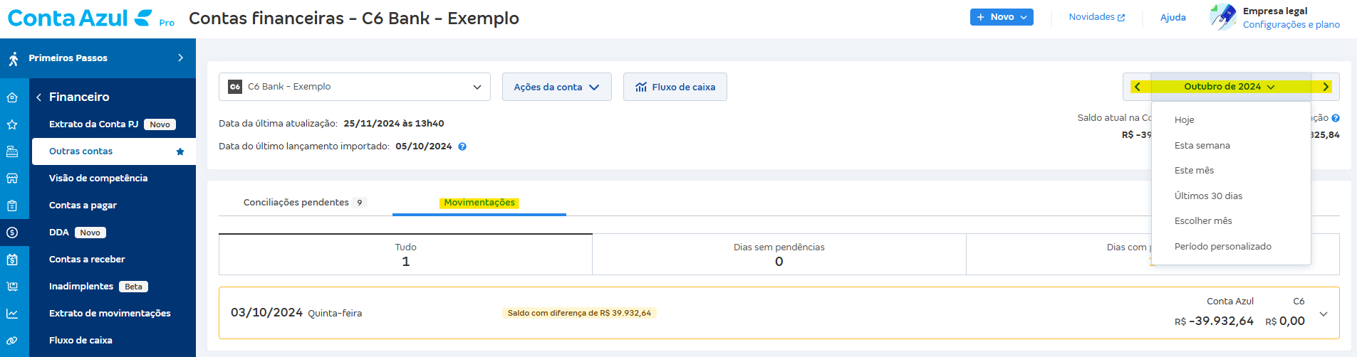 Tela de Movimentações com destaque para o campo Período personalizado.