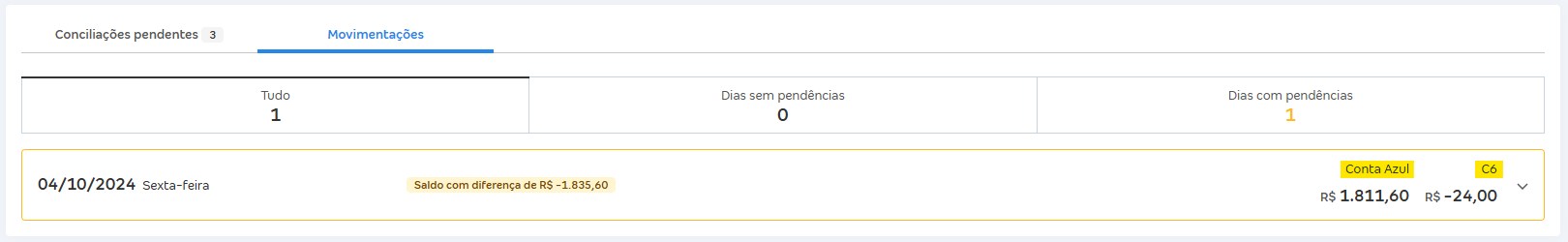 Tela de Movimentações com destaque para os saldos das colunas Banco e Conta Azul.