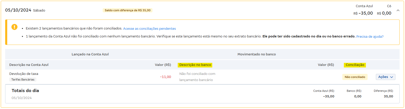 Tela de Movimentações com destaque para os campos Descrição do banco e conciliação.