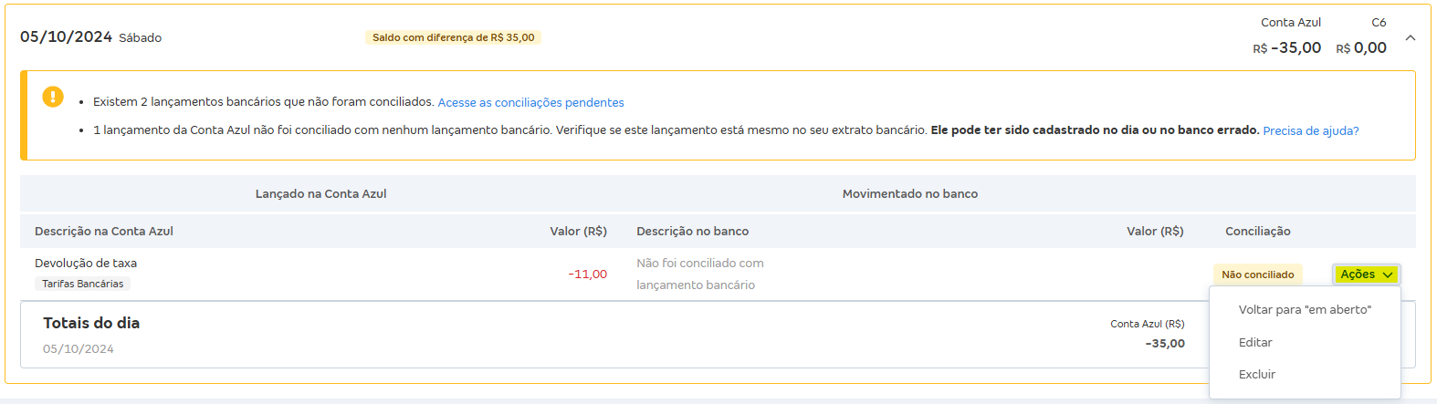 Tela de Movimentações com destaque para o botão Ações.