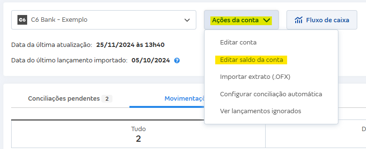 Tela de Movimentações com destaque para o botão Ações da conta e Editar saldo da conta.