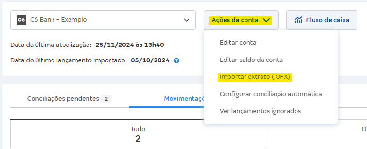 Tela de Movimentações com destaque para o botão Ações da conta e Importar extrato (OFX).