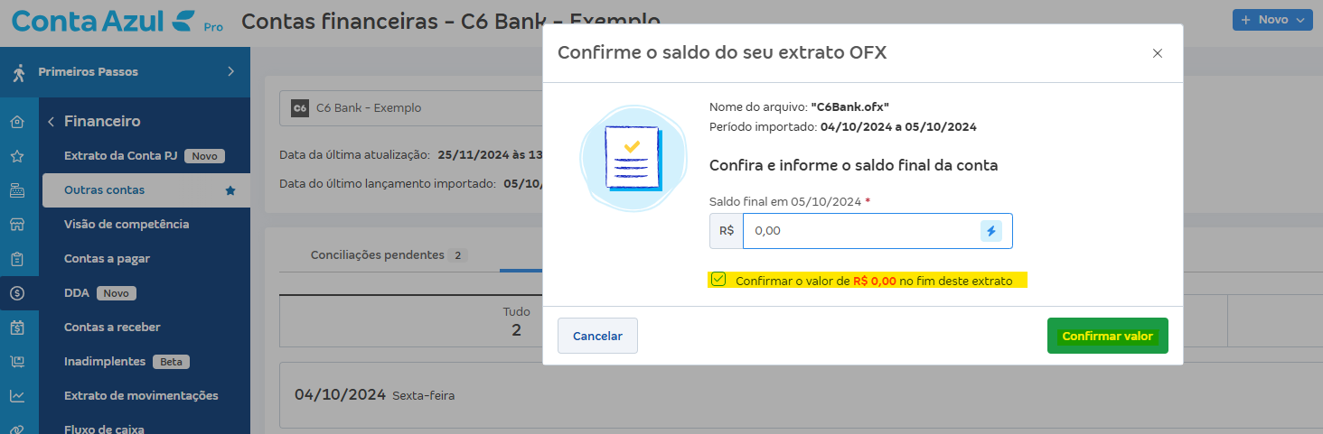 Tela de Importar extrato (OFX) com destaque para o botão Confirmar valor e mensagem Confirmar o valor de.