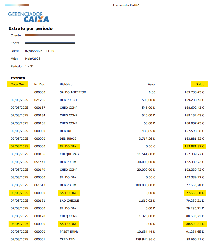 Extrato bancário da Caixa em PDF com destaque para data e saldo.