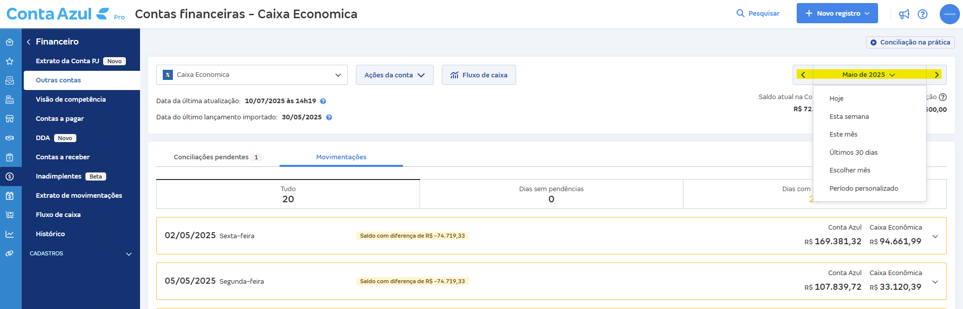 Tela de Movimentações com campo Período personalizado.