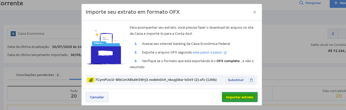 Tela de Importar extrato (OFX) com destaque para o botão Importar extrato.
